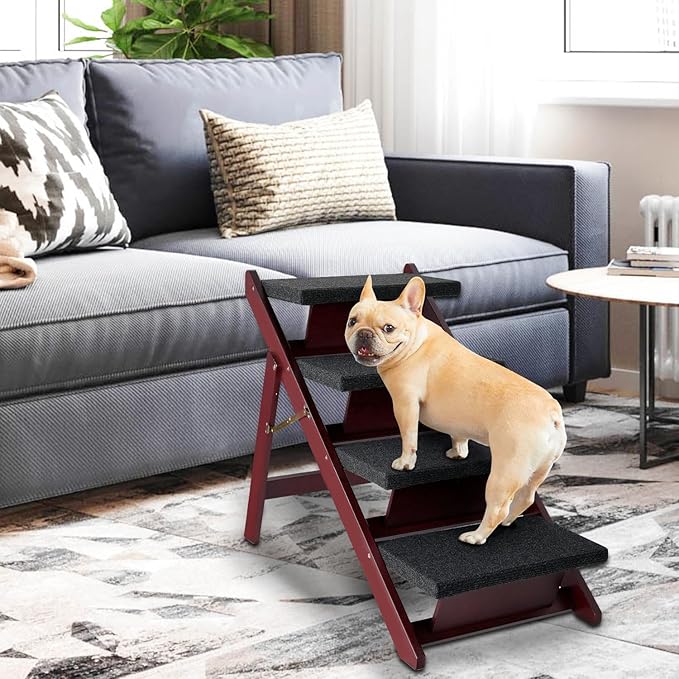 BRIKY Wooden Dog Stairs/Steps - Foldable 4 Steps Dog Steps for High Bed Couch Cars, Non-Slip Pet Stairs for Small Large Medium Dogs and Cats, No Assembly Required-PawvioPets