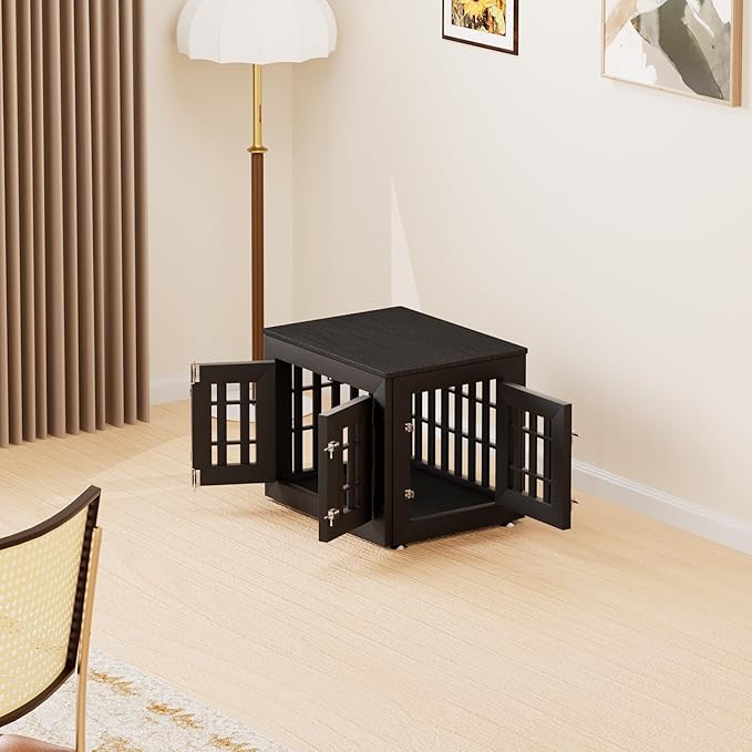 26" Heavy Duty Dog Crate Furniture for Small,Medium and Large Dogs,Rustic Wooden Dog Cage Kennel Indoor Furniture with Waterproof Top,Decorative Pet House Side End Table (Black)-PawvioPets