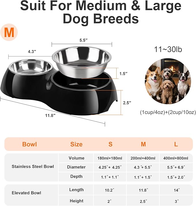 Double Dog Bowls Set – Non-Slip Pet Food & Water Dishes with Resin Stand, Includes Small (1 Cup) & Medium (2 Cups) Bowls – Ideal for Puppies, Cats, and Medium Dogs –Black-PawvioPets