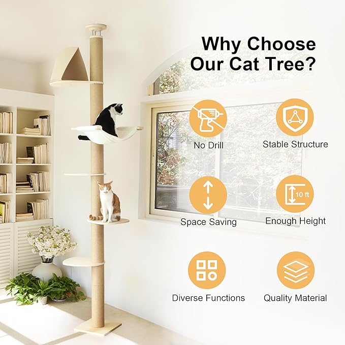 FUKUMARU Floor to Ceiling Cat Tree, 6 Level Adjustable Height (6-10 ft) Climbing Tower with Thickened Scratching Posts, Cats Activity Center with Cozy Hammock - Beige-PawvioPets