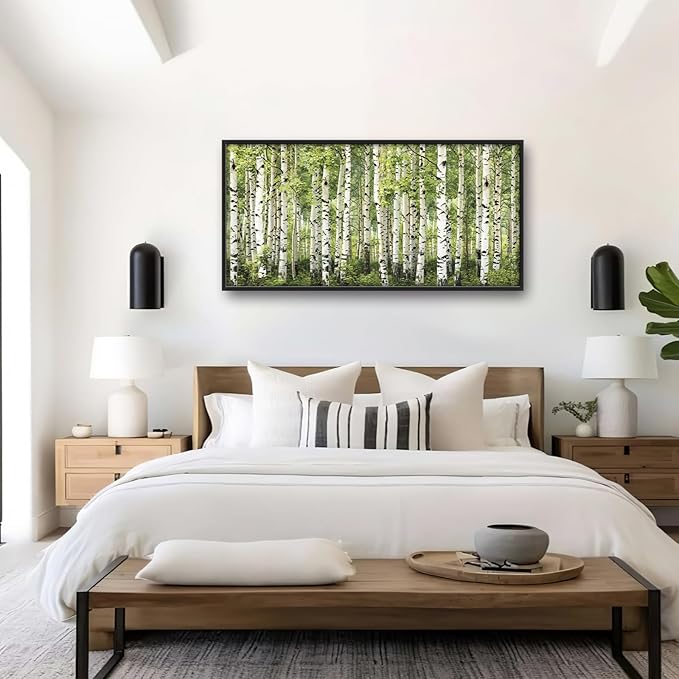 Extra Large Birch Tree Framed Wall Art for Living Room,Oversized Green Aspen Trees Forest Pictures Wall Decor,Canvas Print Painting Modern Artwork Bedroom Office Bathroom 60L" x 30W"-PawvioPets