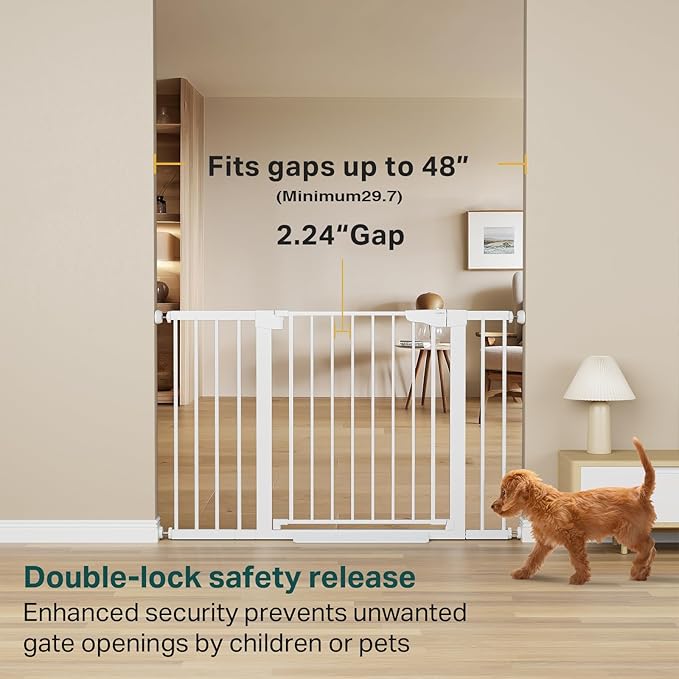 Cumbor 2 Pack 29.7"-48" Baby Gate for Stairs, Mom's Choice Awards Winner-Dog Gate for Doorways, Pressure Mounted Auto-Close Pet Gates for Dogs Indoor, Safety Child Gate with Easy Walk Thru Door,White-PawvioPets