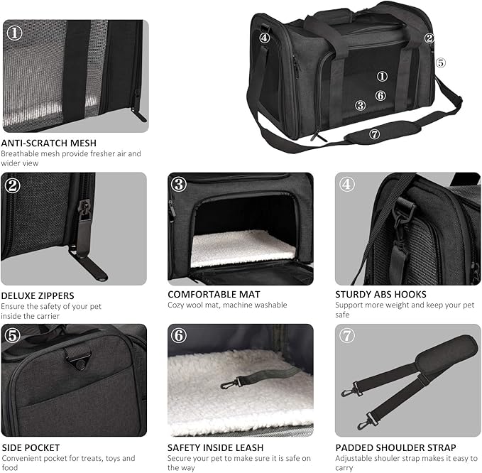 Cat Carriers Dog Carrier Pet Carrier for Small / Medium Cats Dogs Puppies (Up To 15lbs), TSA Airline Approved Small Dog Carrier Soft Sided, Collapsible Waterproof Travel Puppy Carrier -Black-PawvioPets