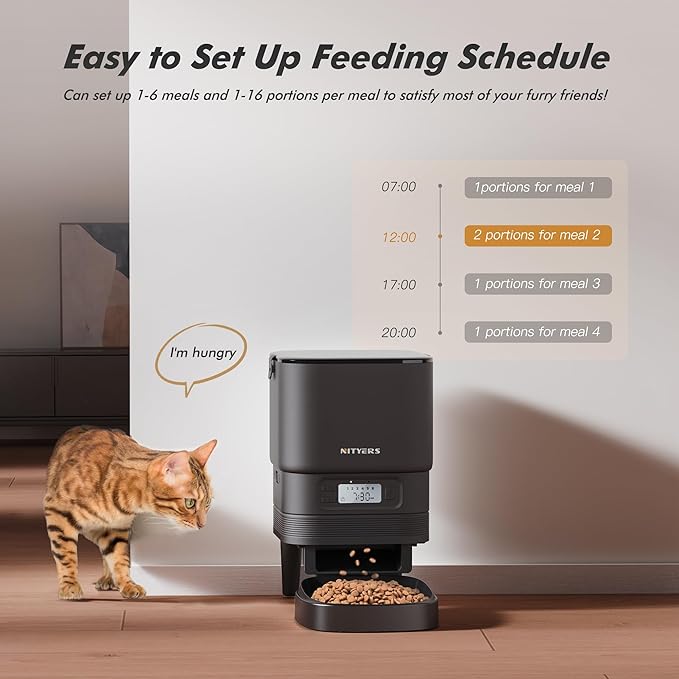 Automatic Cat Feeder - Nityers 4L Timed Cat Dry Food Dispenser, Programmable Portion Size,1-6 Meals Per Day, Dual Power Supply, Detachable Washable, Auto Pet Feeder for Cats and Small Dogs-PawvioPets