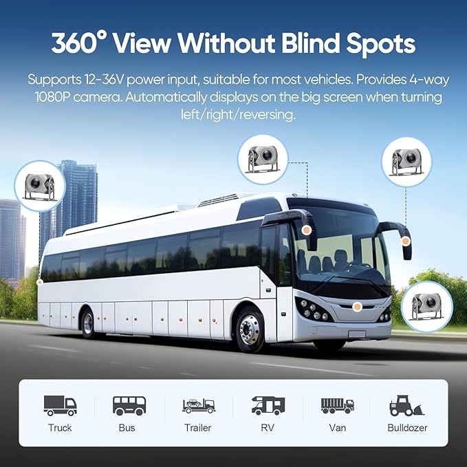 4-Channel 1080P Backup Camera for Truck/RV/Semi Trailer/Van/Cars 10.2inch Touch Monitor with DVR Recording/Playback/Bluetooth/FM Radio/Music/Video Player-PawvioPets