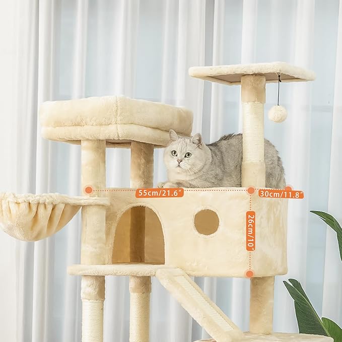 73 inches Large Cat Tree for Indoor Cats, Tall Cat Tower with Sisal Scratching Posts and Pads, Padded Plush Perch, Cozy Basket, Plush Condo for Large Cats (Beige)-PawvioPets
