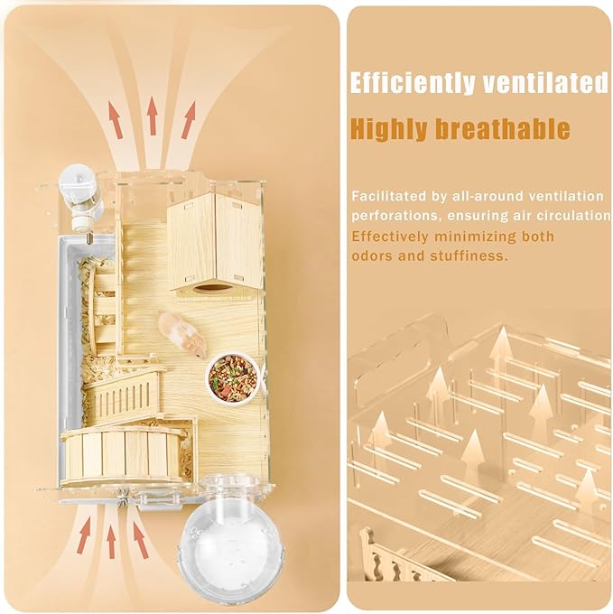 Cycodo 8 in 1 Acrylic Hamster Cage,2-Tier Dwarf Hamster Cage with Wooden Wheel & Hideout,Small Hamster Habitat with Accessories,Clear Pet Mice House(White,14" L*10" W*11" H)-PawvioPets