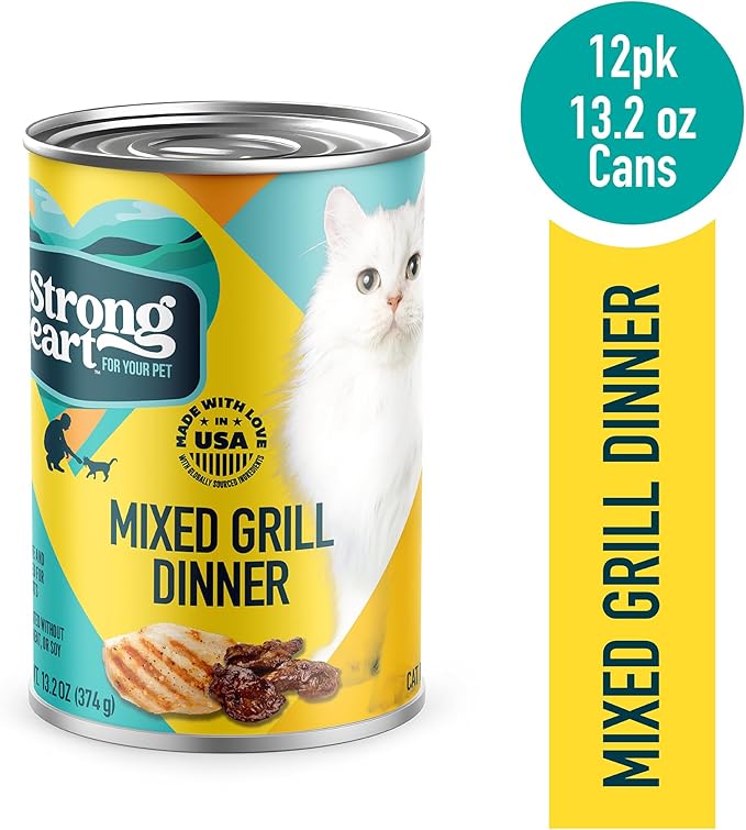 A Strong Heart Canned Wet Cat Food, Mixed Grill Dinner - 13.2 oz Cans (Pack of 12), Made in The USA with Real Chicken & Liver-PawvioPets