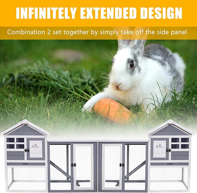 GEGURI Large Rabbit Hutch Indoor Outdoor Chicken Coop Wooden Bunny Cage with Waterproof Roof (48''L x 24''W x 36''H Grey)-PawvioPets