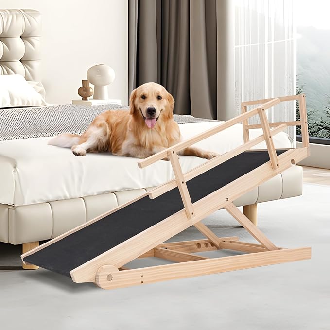ABORON Antislip Wooden Dog Ramp for High Bed Couch Car, 5-Level Adjustable Folding Pet Ramp for Small & Large Old Dogs & Cats, 17.7" Extra Wide 51" Long, Rubber Mat, Supports up to 200 lbs-PawvioPets