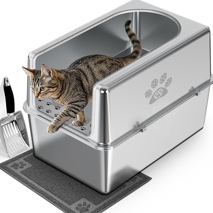 Enclosed Stainless Steel Cat Litter Box with Lid, XL Metal Litter Box for Big Cats, Extra Large Cat Toilet with High Side, Non-Stick, Anti-Leakage, Odorless, with Cats Litter Mat & Litter Scoop-PawvioPets