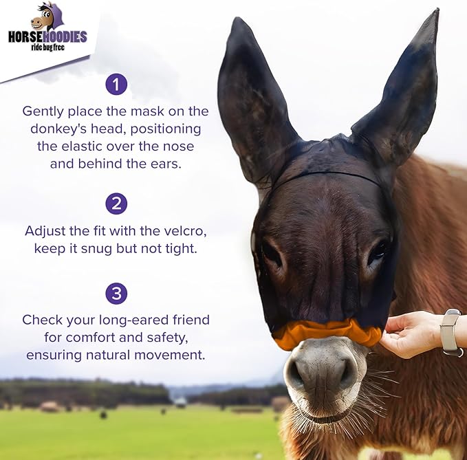 Donkey Fly Mask with Long Ears (Purple) Made in USA - Mule Fly Mask with Ears Protection from Insects and Bugs, Mini Donkey Soft Mesh Fabric with Adjustable Fastener, Face Cover Supplies for Donkeys-PawvioPets