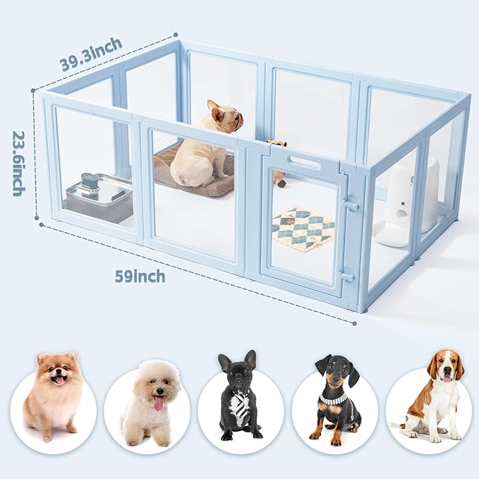 DIY Clear Acrylic Dog Playpen House,Quick Easy Assembly and Disassembly,Strong Floor Suction,Indoor and Outdoor Use,Easy Cleansing Puppy Fence (Sky Blue, 23.6" H, 10PCS)-PawvioPets