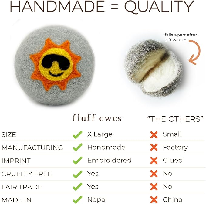 Fluff Ewes Wool Dryer Balls 6 Pack Premium New Zealand Wool Laundry Balls for Dryer, No Static Dryer Balls Laundry Reusable, XL Wool Dryer Balls Cute, Baby Dryer Balls for Dryers - Fun in The Sun-PawvioPets