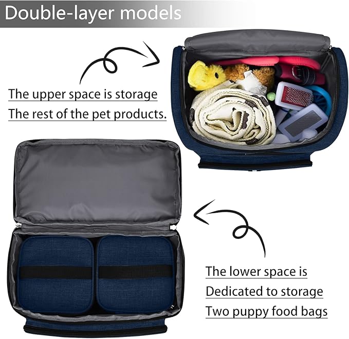 BAGLHER Pet Travel Bag, Double-Layer Pet Supplies Backpack (for All Pet Travel Supplies), Pet Travel Backpack with 2 Silicone Collapsible Bowls and 2 Food Baskets Dark Blue-PawvioPets