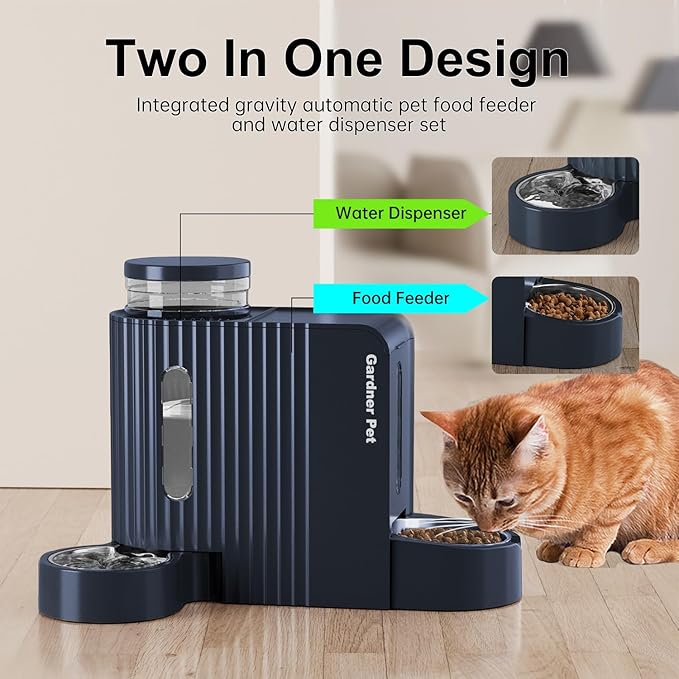 Gardner Pet Automatic Gravity Cat Food Feeder and Water Dispenser Stainless Steel Two-in-One Set Large Capacity Dispenser for Pets Dogs, Puppies, Kittens-PawvioPets