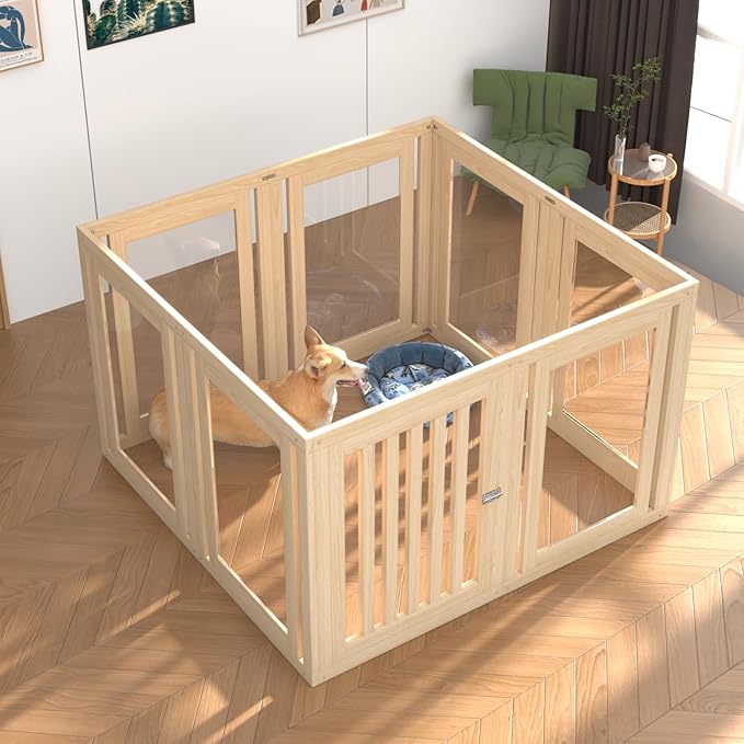 8 Panels Dog Playpen with Door, 23.6" H Pet Playpen Indoor, Clear Acrylic Puppy Playpens, Wooden Puppy Fence with Gate, Transparent Dog Pens, Pet Pen Indoor for Dogs, Cats, Rabbit, Small and Medium-PawvioPets