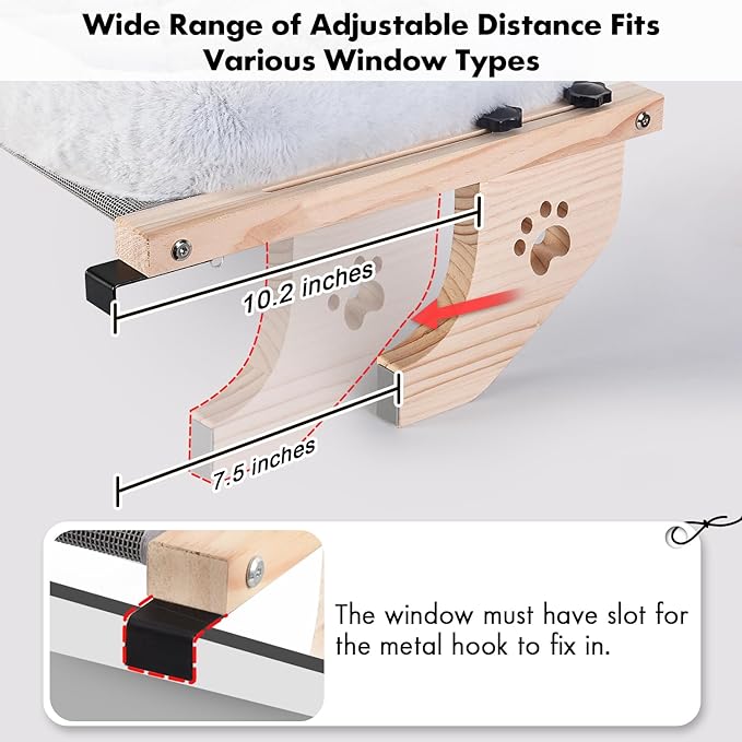 AMOSIJOY Cat Sill Window Perch Sturdy Hammock Window Seat with Cushion Cover, Wood & Metal Frame for Large Cats, Easy to Adjust Cat Bed for Windowsill, Bedside, Drawer and Cabinet (L)-PawvioPets