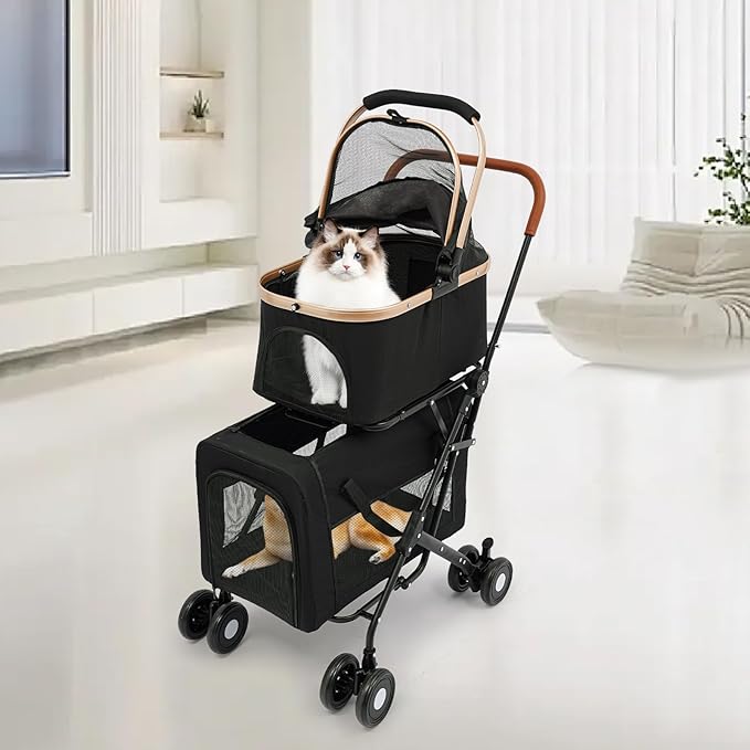 Foldable Pet Stroller for Small & Medium Dogs, Double Dog & Cat Stroller with 3-in-1 Travel System, Detachable Pet Carrier with Wheels for Cats and Dogs up to 77 lbs, Black-PawvioPets