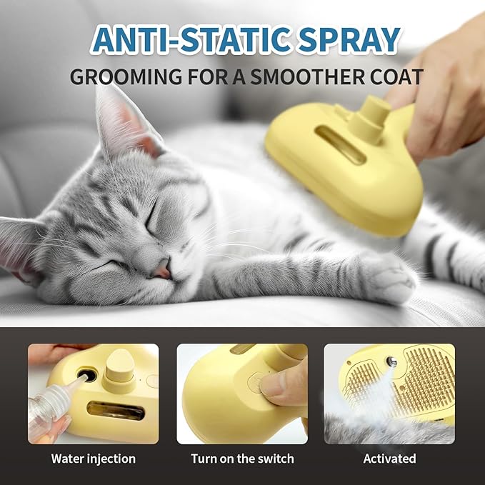 3 In 1 Self-Cleaning Steamy Brush for Pet Grooming - Anti-Static Flying Hair Spray, Removes Loose Hair and Reduces Shedding for Long and Short Fur, Yellow-PawvioPets