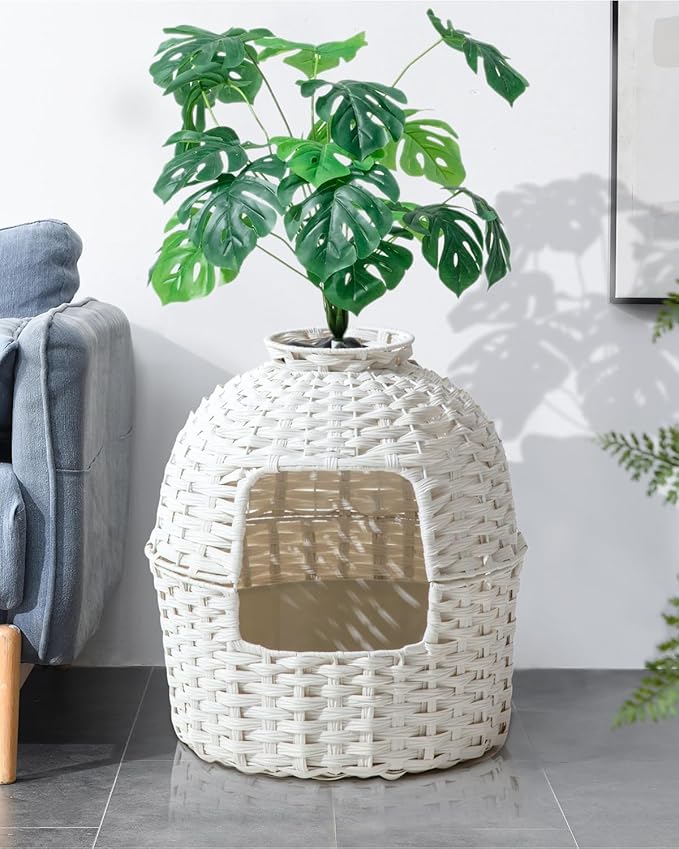 Cat Litter Box Plant Enclosure, Hidden Handwoven Rattan with Cat Litter Box Furniture and Artificial Plants, Odor Control Filter, Real Stones in Living Room, Bedroom, Corner (White)-PawvioPets