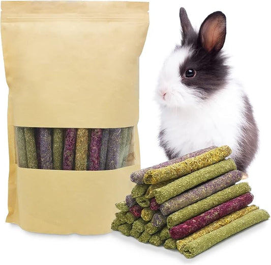 Fhiny 68 PCS Rabbit Chew Sticks, Natural Petals Timothy Hay Sticks Guinea Pig Chewing Toys for Teeth Small Animals Molar Snacks for Bunny Guinea Pig Chinchilla Hamster-PawvioPets