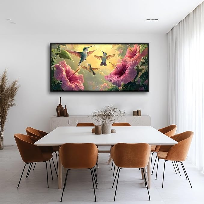 Framed Large Hummingbird Wall Art for Living Room, Oversized Rustic Bird Flower Wall Decor Floral Canvas Painting Nature Sunrise Pictures Modern Artwork for Bedroom Office Dinging Room 60"x30"-PawvioPets