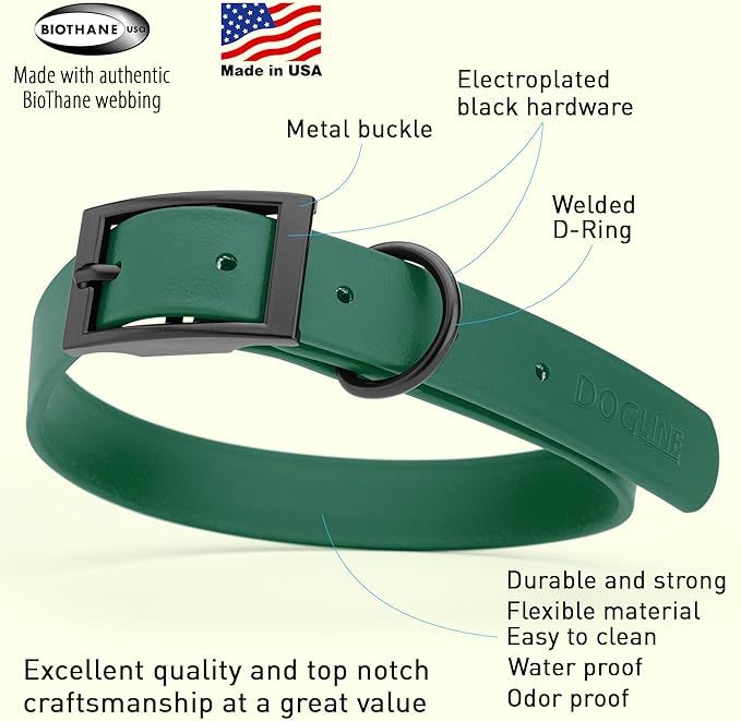 Dogline Biothane Waterproof Dog Collar Strong Coated Nylon Webbing with Black Hardware Odor- Proof for Easy Care Easy to Clean High Performance Fits Small Medium or Large Dogs, Hunter Green-PawvioPets