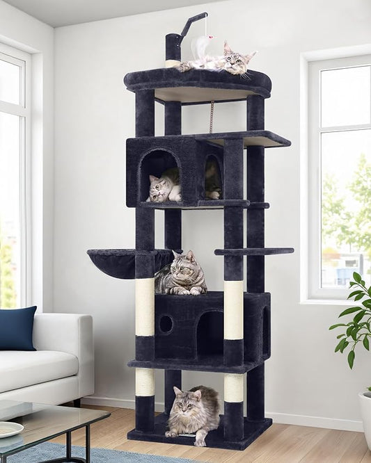 Globlazer Large Cat Tree Tower, Tall Cat Tree Condos for Indoor Cats Large Adult Cat Climbing Tower with 2 Spacious Caves, Oversized Top Perch, Big Hanging Basket, Cat Teaser Wand, F74B, Dark Grey-PawvioPets