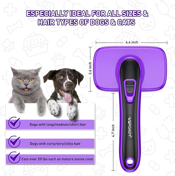 Dogs Cats Self Cleaning Slicker Brush for Shedding & Grooming Any Breed of Pets, Removes Loose, Undercoat, Mats, Tangled Hair for Small Medium Large Animal With Long Short Fur Length, Purple-PawvioPets