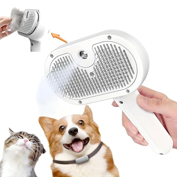 3-in-1 Cat Steam Brush – Pet Grooming & Shedding Comb with Gentle Steam Spray, One-Click Hair Release, for Long & Short Hair Cats & Dogs (White)-PawvioPets