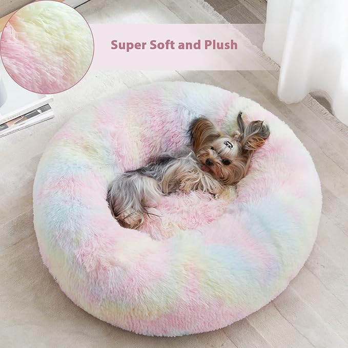 WNPETHOME Calming Dog Bed Cat Bed Donut, Faux Fur Pet Bed Self-Warming Donut Cuddler, Comfortable Round Plush Dog Beds-PawvioPets
