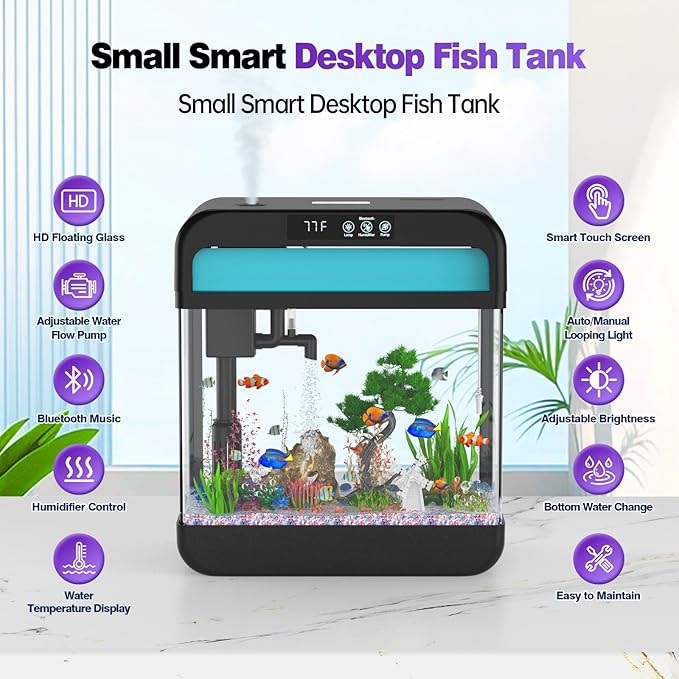Fish Tank 2.2 Gallon Fish Aquarium with Music Humidifier 7 Color Auto-Looping Light Adjustable Water Pump with Filtration & Aeration & Circulation, Temperature Display, Bottom Water Changer-PawvioPets