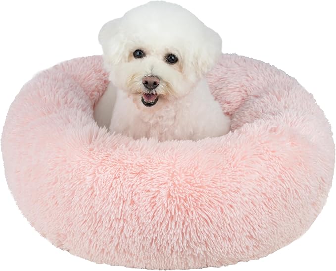 Best Pet Supplies Round Donut Dog Bed with Plush Faux Fur Fabric, Calming, Anti-Anxiety Cushion for Indoor Pets, Slip-Resistant Base, Soft Ergonomic Support - Pink, 30x30x8''-PawvioPets