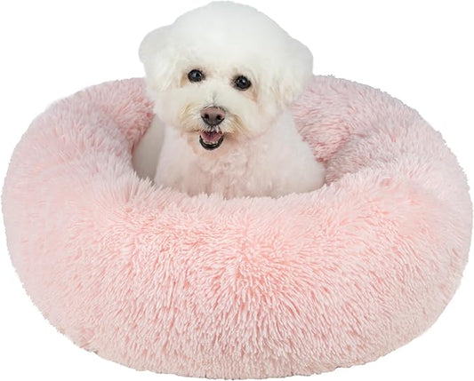 Best Pet Supplies Round Donut Dog Bed with Plush Faux Fur Fabric, Calming, Anti-Anxiety Cushion for Indoor Pets, Slip-Resistant Base, Soft Ergonomic Support - Pink, 30x30x8''-PawvioPets