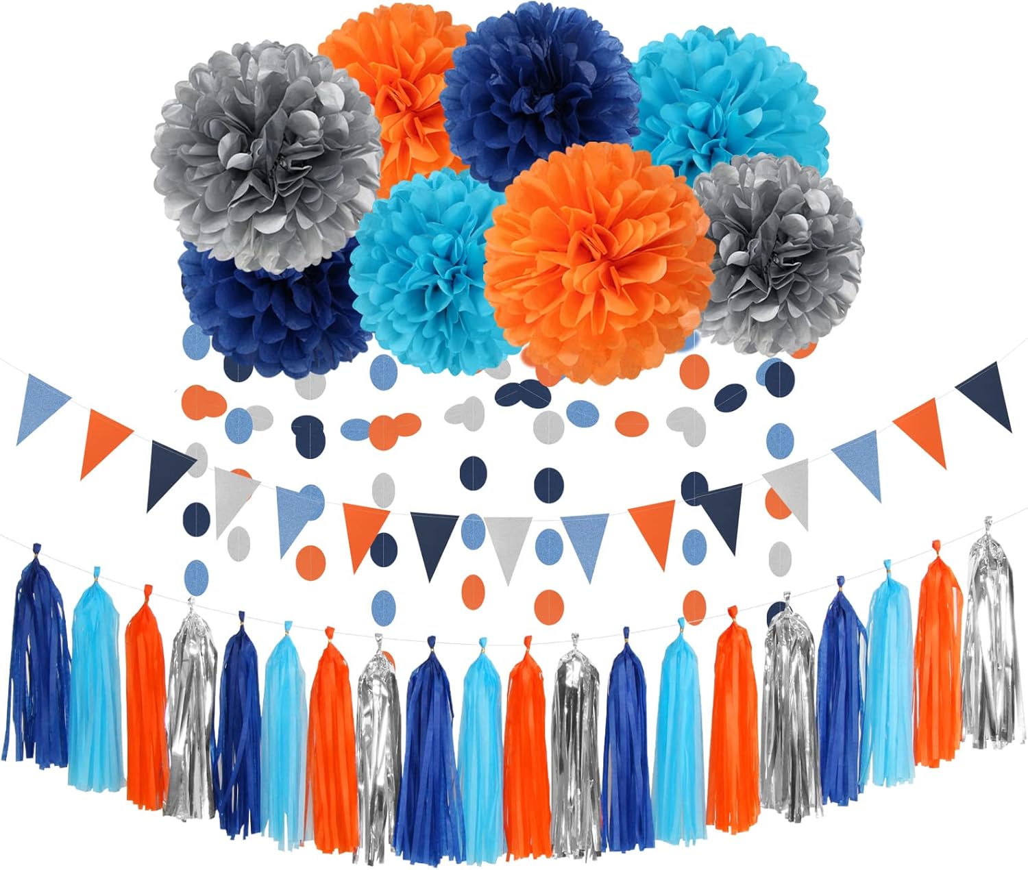 Blue-Silver Orange Space Party-Decorations Streamers-Garland - 30pcs Graduation 2025 Tissue Pom Poms,Tassel Banner Backdrop Birthday Boy Baby Shower Decor Bunting Lasting Surprise