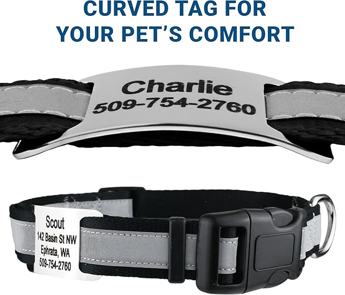 GoTags Reflective Personalized Dog Collar with Nameplate, Adjustable Dog Collar with Custom Engraved Steel Slide On Pet ID Tag, Silent, No Noise Dog Tag for Large Medium or Small (Black, Medium)-PawvioPets
