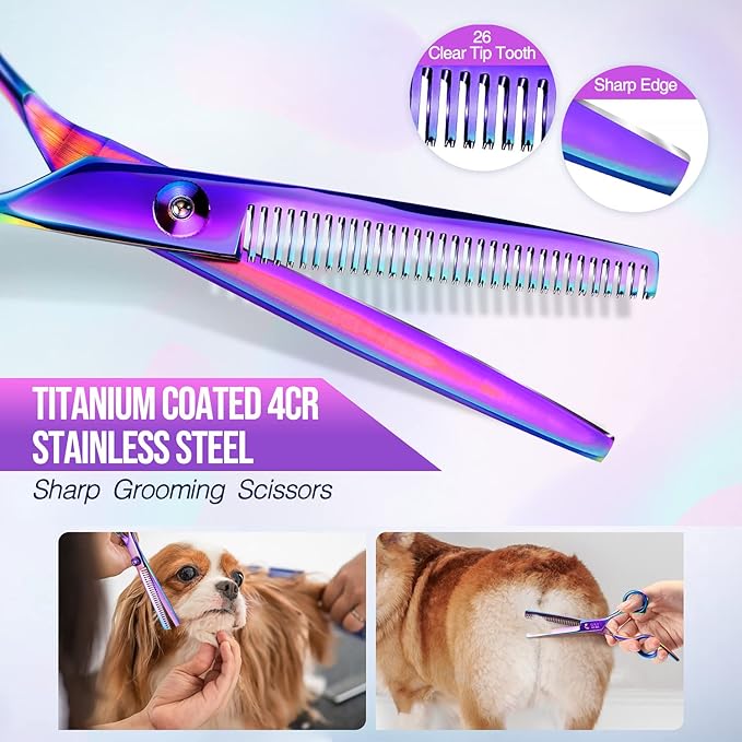 Gimars Dog Grooming Scissors Kit Professional 4CR with Safety Round Tip, 5 in 1 Heavy Duty Titanium Coated Thinning & Curved & Straight Shears-PawvioPets