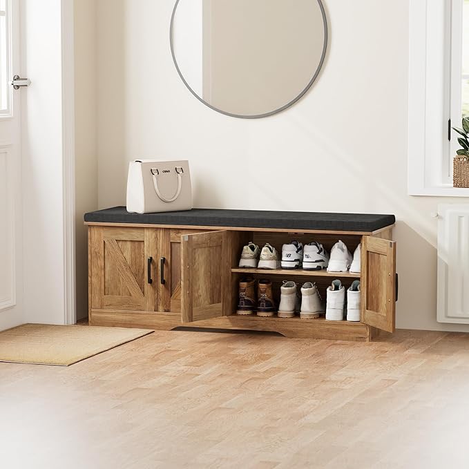 2-Tier Storage Bench, Shoe Bench with Padded Seat Cushion, Entryway Bench with 4 Barn Doors, Adjustable Shelf, 13.8" D x 47.2" W x 17.7" H, for Entryway, Living Room, Bedroom, Rustic Walnut-PawvioPets