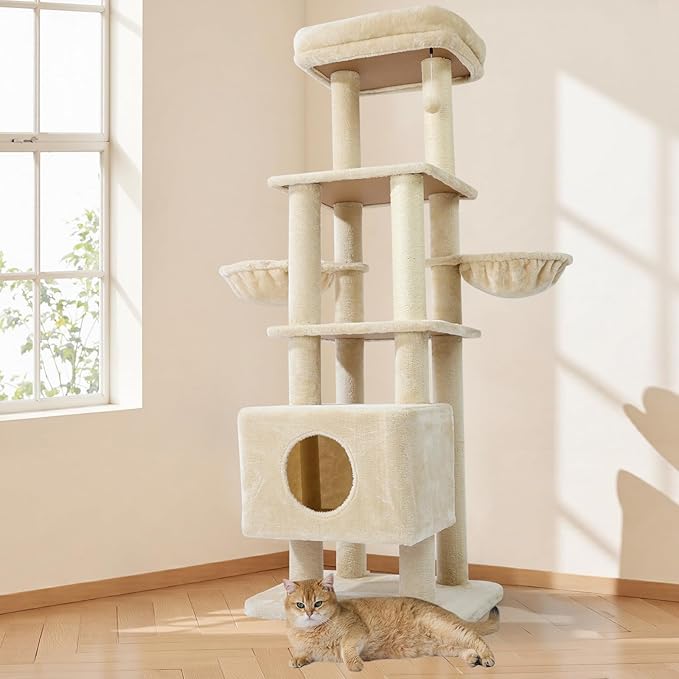 Gardner Pet 65in Heavy Duty Cat Tree Tower for Large Cats, Multi-Level Cat Furniture with Replaceable Sisal Scratching Post, Hammock | Extra-Large Platform & Condo (Beige)-PawvioPets