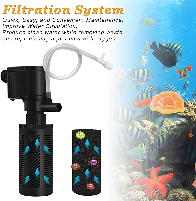 DOMICA Small Aquarium Filter with Aeration System 92GPH 5W Internal Filter for 3 to 10 Gallons Fish Tank, Submersible Fish Tank Filter with 4-pack Pre-filter Sponge-PawvioPets