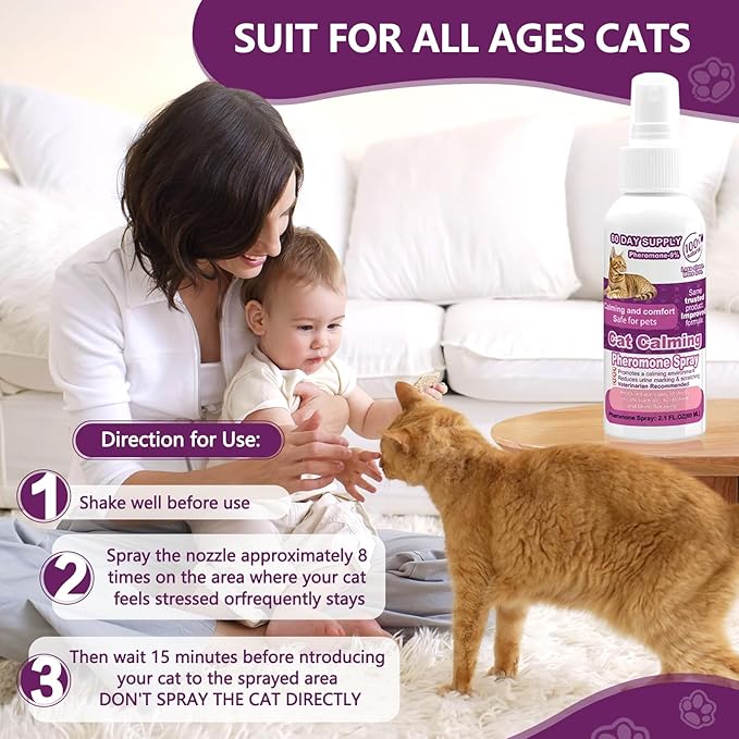 Cat Calming Pheromone Spray, Feline Calm Pheromones Spray- Anti Anxiety Pet Products, Cats Reduces Scratching Furniture Peeing Marking Calming Cat for Travel, Vet Visits - 60 Day Kit (2 * 60 mL)-PawvioPets