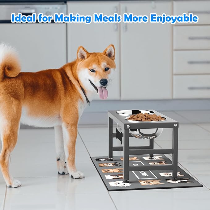 Elevated Dog Bowls, 10" Tall Height, Raised Bowl Stand with 2 Stainless Steel Food Feeder Bowls (58oz) and Spill-Proof Mat for Medium Large and Small Breeds, Grey-PawvioPets