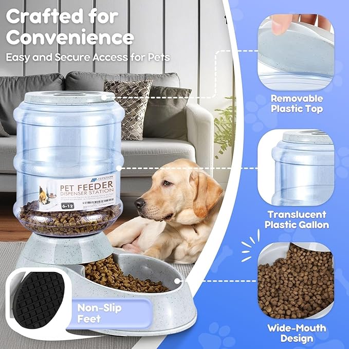 Flexzion Gravity Pet Feeder Food Dispenser (6-12 lb Size) Automatic Replenish Dry Food Storage Container Bowl for Small Medium Breed Dog Cat Animal Feeding Watering Fountain Supplies-PawvioPets