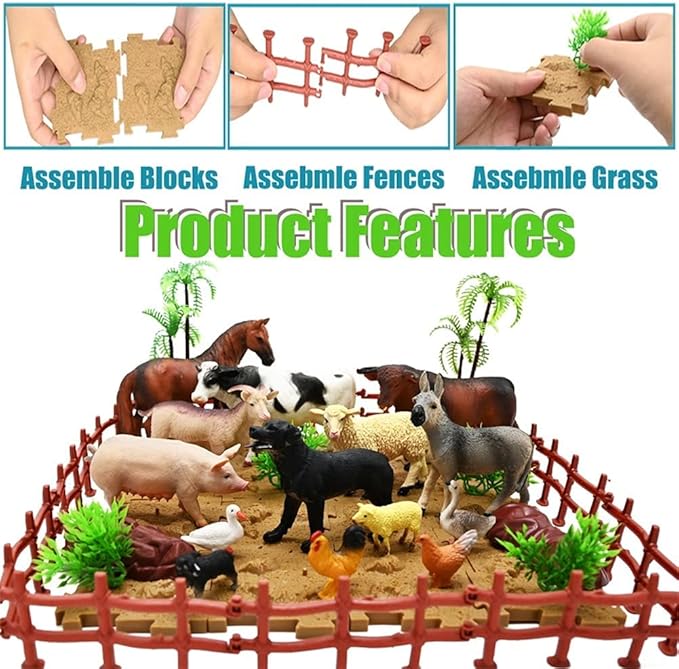 Farm Animal Figurines, Realistic Plastic Animals Toys with Fences Building Blocks, Farm Figures Playset Educational Birthday Gift for Kids & Toddlers, 53 PCS-PawvioPets