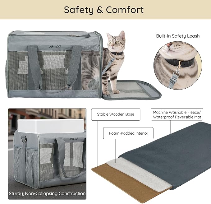 BELLA & PAL Cat Carrier Travel Bag, Airline Approved Lightweight Cat Carrier, Soft Sided Pet Carrier for Puppy Dogs Up to 18lbs, Collapsible Kitten Bag with Removable Waterproof Mat, Ventilated Mesh-PawvioPets