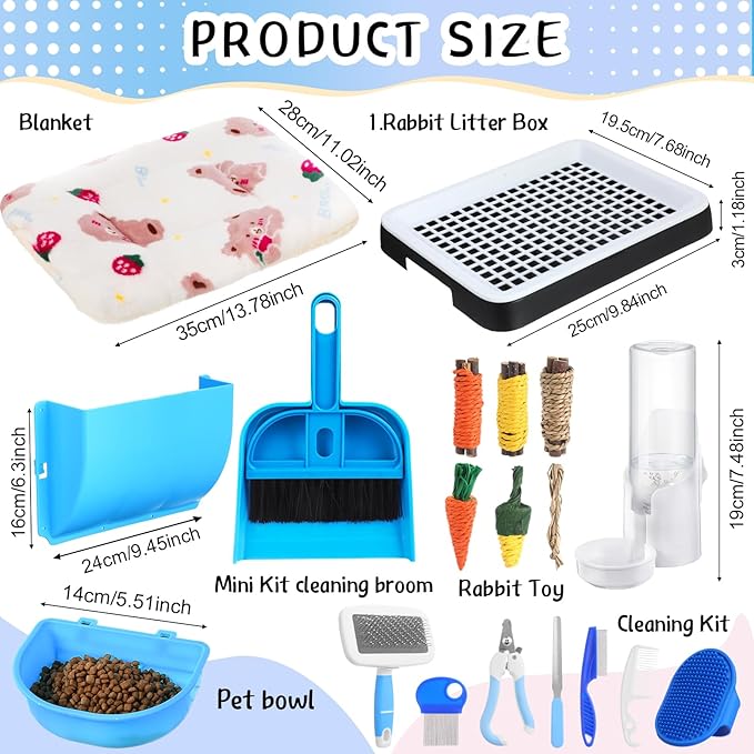 19 Pcs Rabbit Starter Kit Small Bunny Litter Box Rabbit Grooming Kit Water Bottle Bunny Toys Hay Feeder Bowl Blankets with Cleaning Set for Guinea Pig Accessories(Black,Cloud)-PawvioPets