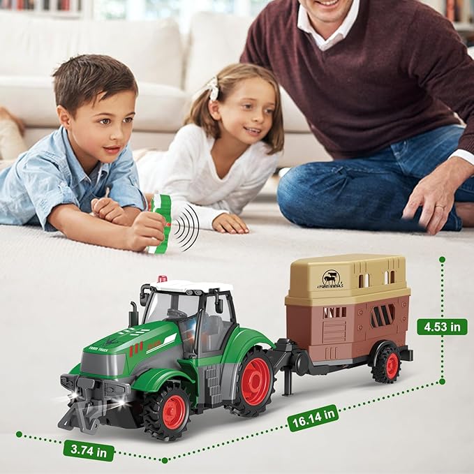 fisca Remote Control Tactor Toy Set & 33PSC Farm Vehicle Playset - Animal Figurines ,2.4GHz 1/24 Scale RC Tractor,Livestock Trailer, Fence with Light for Kids Age 4, 5, 6, 7 and Up Years Old-PawvioPets