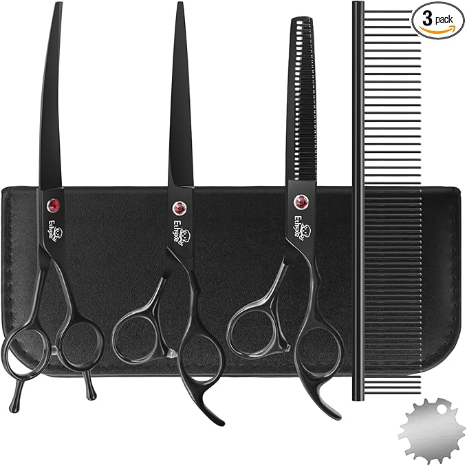 7.0" Professional Dog Grooming Scissors Kit – 3-Piece Set with Straight, Curved & Thinning Shears, Black Japanese Stainless Steel, Includes Grooming Comb for Dogs & Cats-PawvioPets