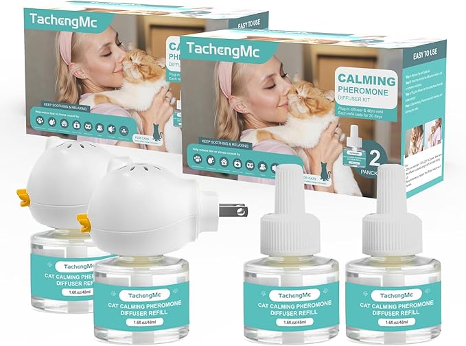 Cat Calming Diffuser, Cat Pheromones Calming Diffuser, Effectively Relieve Anxiety Stress Cat Diffuser Calming Multicat with 2 Diffuser + 4 Refill 48ml Last 120 Days Fits All Cats-PawvioPets